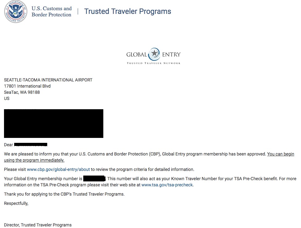 Global Entry Approval Letter